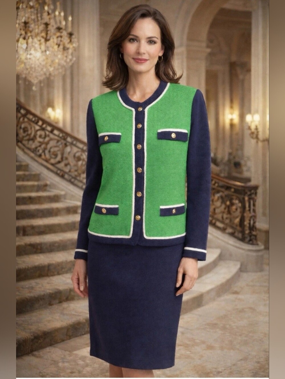 St. John By Marie Gray Santana Knit Cardigan/Jacket Green/Navy Gold Buttons 16